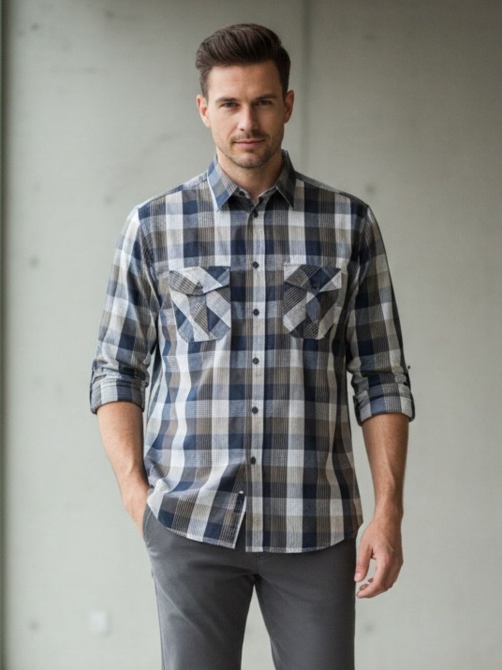 Airwalk Men's Large Plaid Button Down Shirt Blue Tan Long Sleeve Skater Grunge